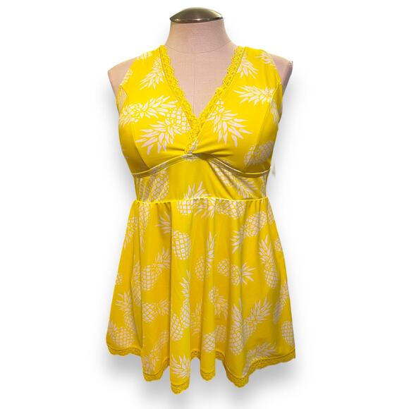 Torrid 5 (5x 28) Yellow Pineapple Lace Trim Mid Wireless Swim Dress w/Briefs New - Picture 2 of 3